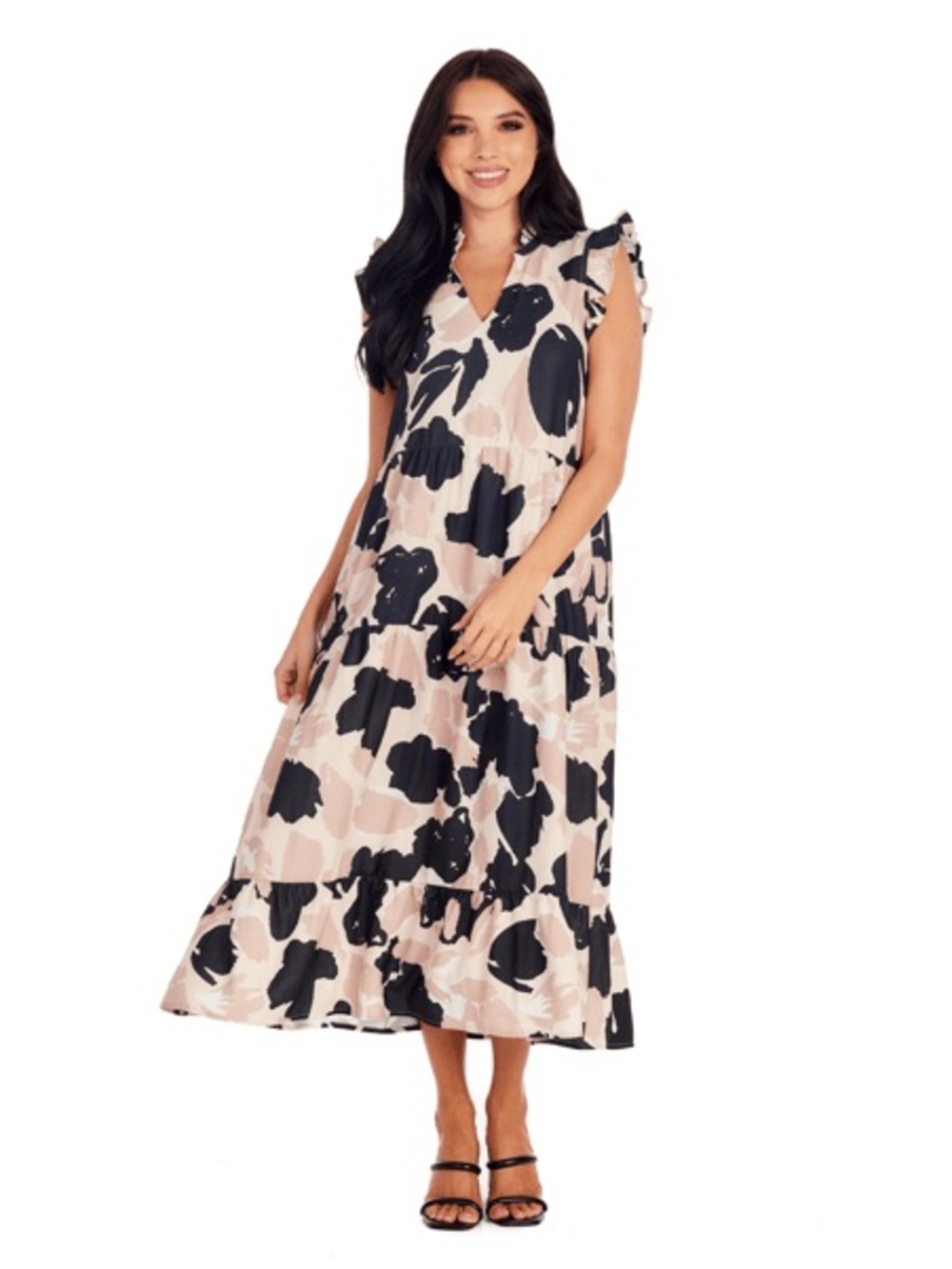 Mud Pie Adair Tiered Maxi Dress - S, black, white and tan